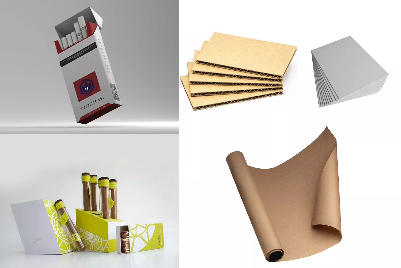 Various packaging materials including cigarette boxes, corrugated sheets, gray board, and kraft paper roll