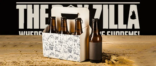 Custom beverage packaging cartons holding four brown beer bottles