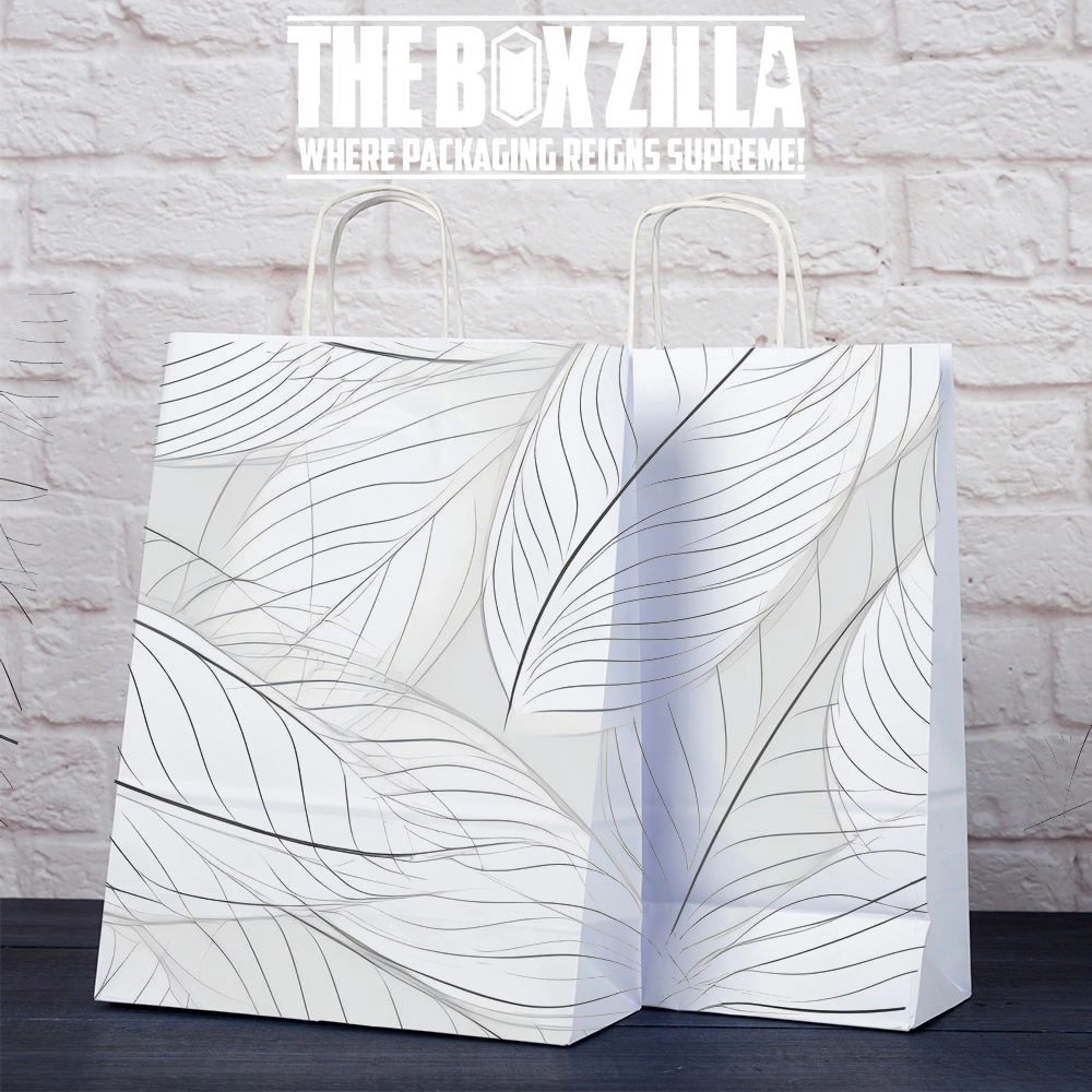 Custom printed paper bags with a gray leaf pattern design