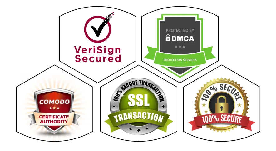 Five security seals: VeriSign Secured, Protected by DMCA, Comodo Certificate Authority, 100% Secure Transaction SSL, and 100% Secure.