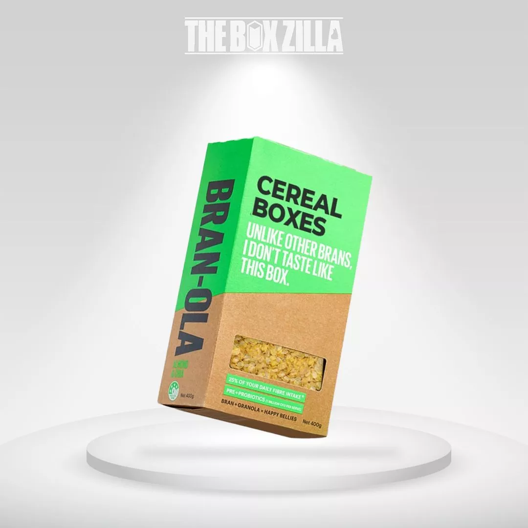 Cardboard cereal box with a small window, holding up to 400 grams