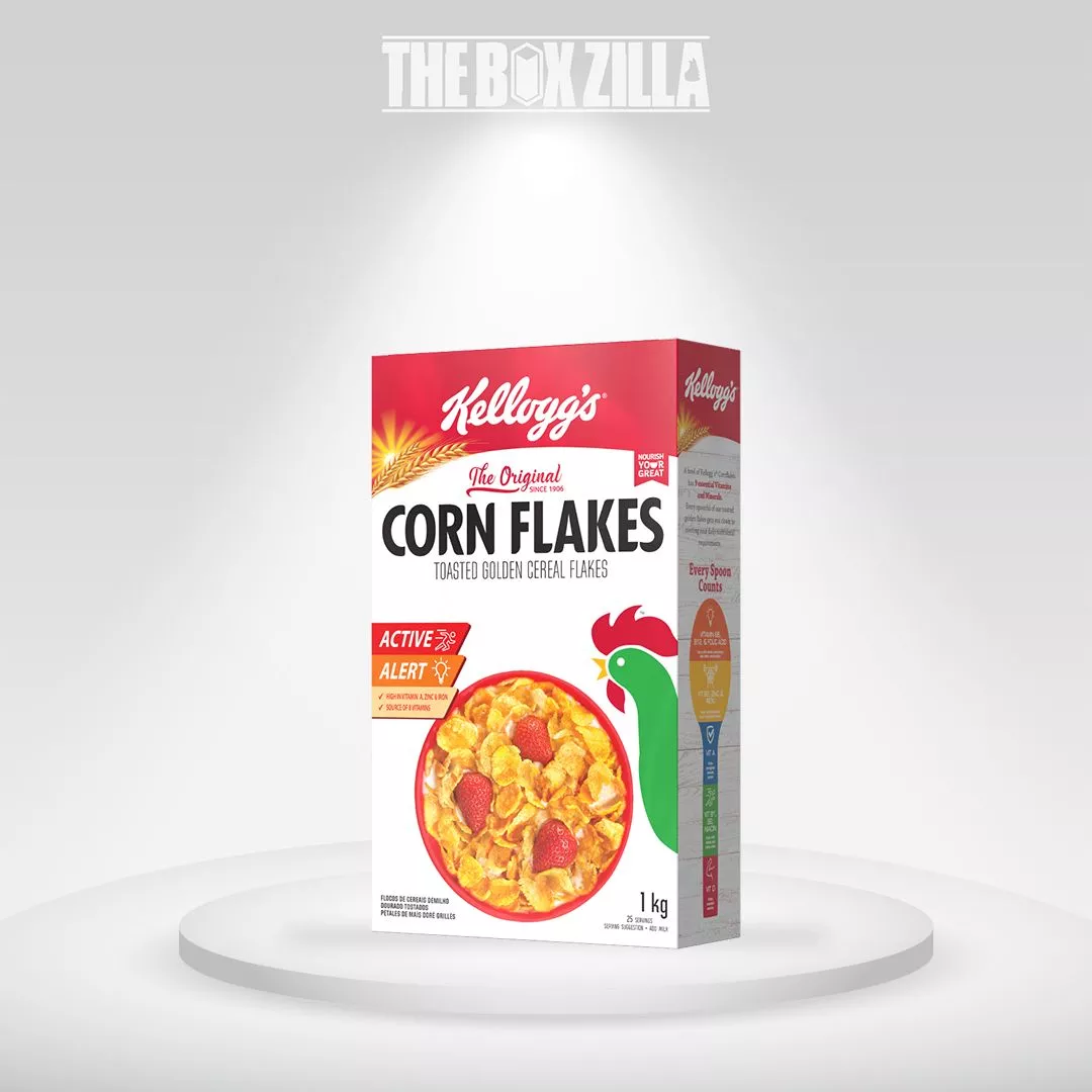 corn flake cereal box adorned colorful image of the crispy flakes inside