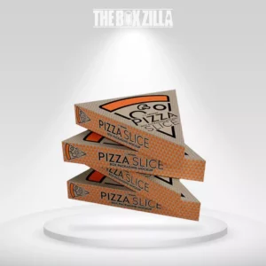 Triangular pizza slice box packaging with brown cardboard design