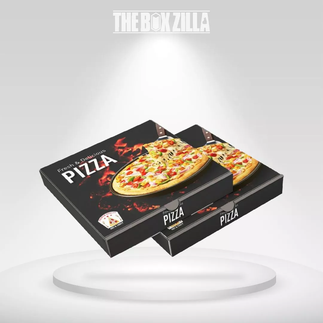 Luxury pizza boxes displaying the company logo printed at the bottom