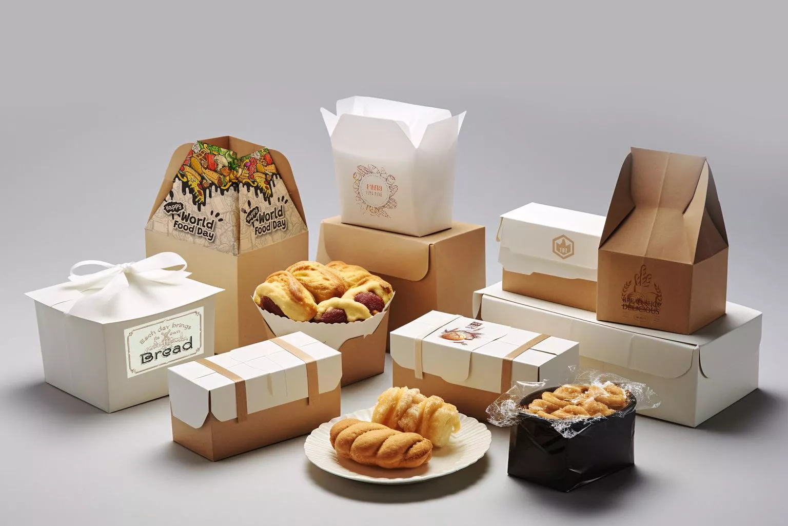 Custom printed Food Boxes for different food items featuring a mix of paper, cardboard materials