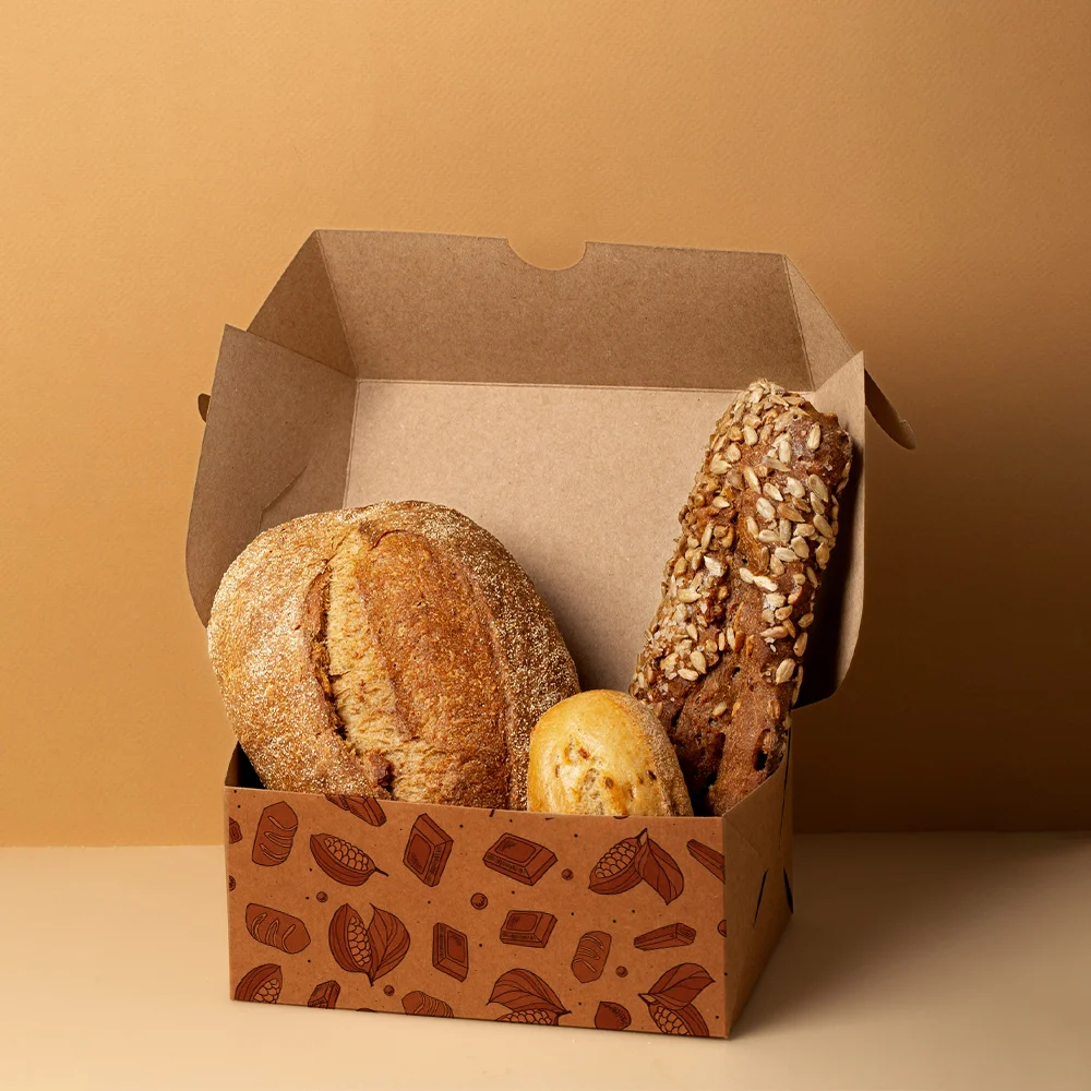 Custom cardboard bakery boxes filled with different types of bread