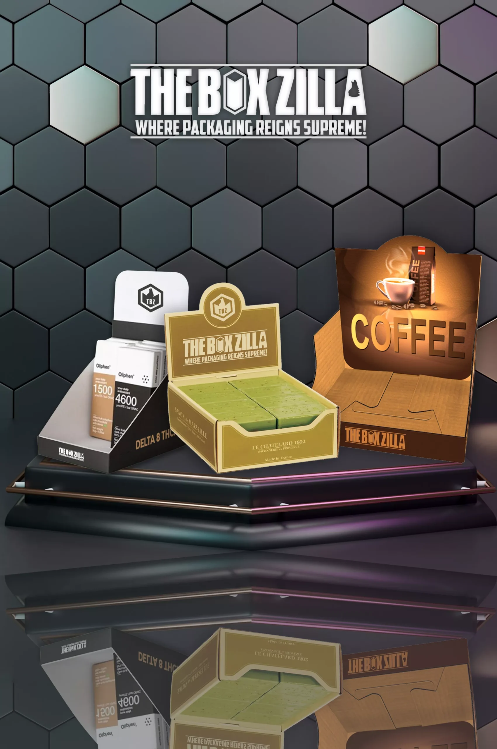 Custom display packaging featuring coffee and cosmetic boxes