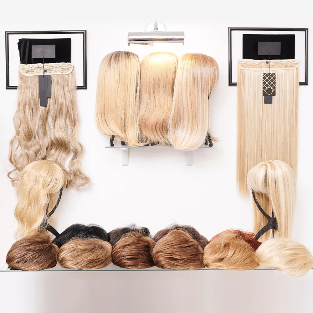 Collection of human hair extensions and wigs on display