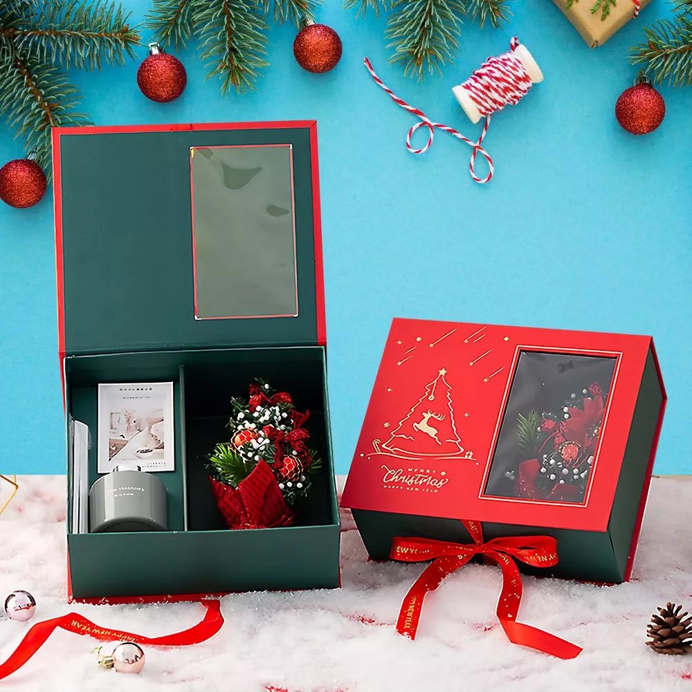 Custom window christmas packaging boxes with ribbon