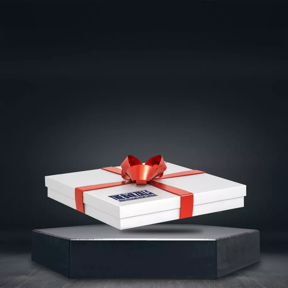 White gift box with a red ribbon, thin, horizontal, square & medium size