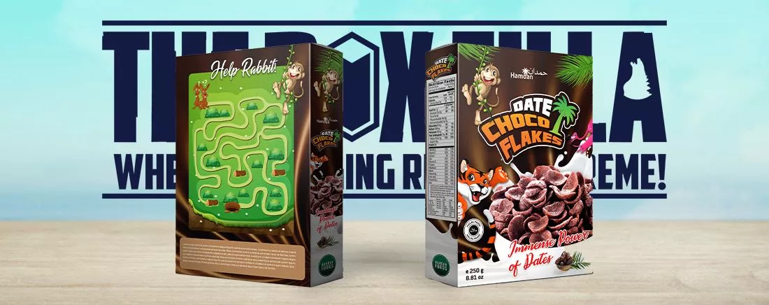 Cereal packaging boxes containing chocolate flakes with dates